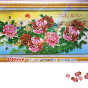 Tranh đính đá Hoa Khai Phú Quý - Hoa mẫu đơn DF558 kích thước 100cm x 50cm