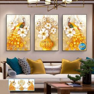 Tranh đính đá chim công vàng bộ 3 bức (công kim sắc) y8331 kích thước 160cm x 80cm