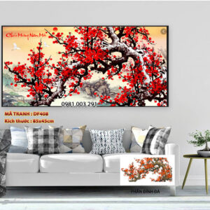 Tranh đính đá Chúc Mừng Năm Mới - Cành đào đỏ DF408 kích thước 85cm x 45cm
