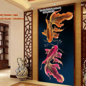 Tranh thêu Cá Chép Hóa Rồng E80 Kích thước 50cm x 90cm