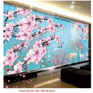 Tranh thêu chữ thập Hươu Tài Lộc E65 Kích thước 100cm x 55cm