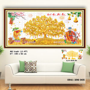 Tranh đính đá cây tiền vàng tài lộc vinh hoa phú quý LV471 kích thước 100cm x 52cm