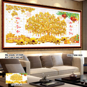 Tranh đính đá cây tiền vàng tài lộc LV529 kích thước 120cm x 65cm