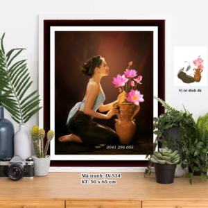 Tranh đính đá Thiếu Nữ Bên Hoa Sen LV534 kích thước 50cm x65cm