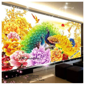 Tranh thêu chữ thập chim công hoa mẫu đơn EDB114 Kích thước 150x70cm
