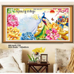 Tranh thêu chữ thập chim công hoa mẫu đơn E26 Kích thước 100x60cm