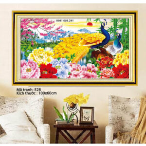 Tranh thêu chữ thập chim công hoa mẫu đơn E28 Kích thước 100x60cm