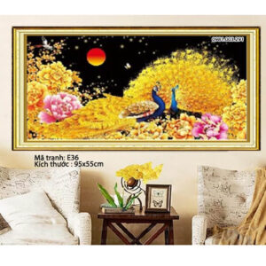 Tranh thêu chữ thập chim công hoa mẫu đơn E36 Kích thước 95x55cm