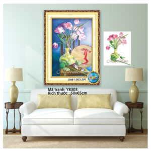 Tranh đính đá bình hoa sen Y8303 kích thước 50cm x 65cm