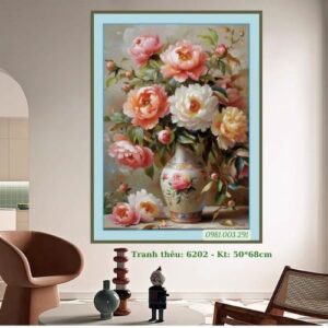 Tranh thêu chữ thập Bình Hoa Mẫu Đơn 6202 Kích thước 50cm x 68cm