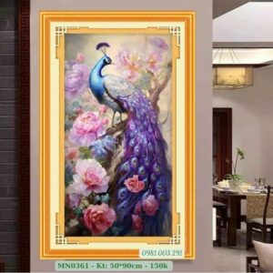 Tranh thêu chữ thập Chim Công Mẫu Đơn MN0361 kích thước 50cm x 90cm