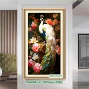 Tranh thêu chữ thập Chim Công Mẫu Đơn MN0364 kích thước 50cm x 90cm